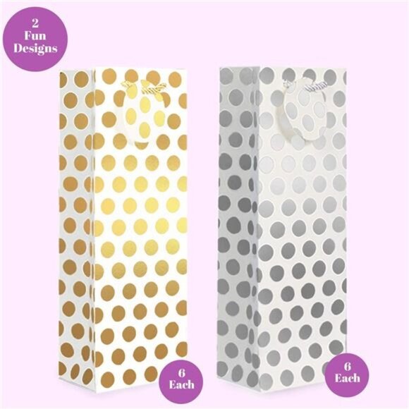 12PCS Metallic Gold Sliver Foil Champagne Wine Gift Bags Bulk 14 x4.75x3.5 Inch - Picture 1 of 6